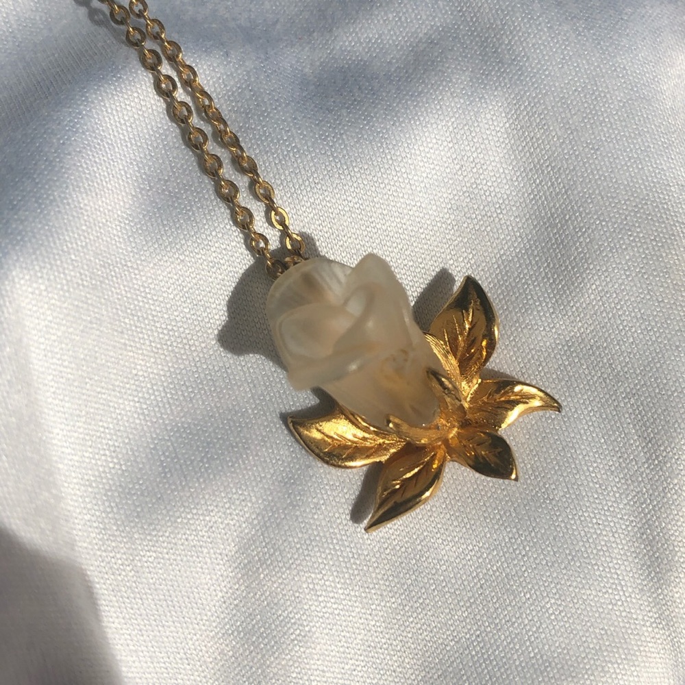 Antique gold + frosted glass rose necklace